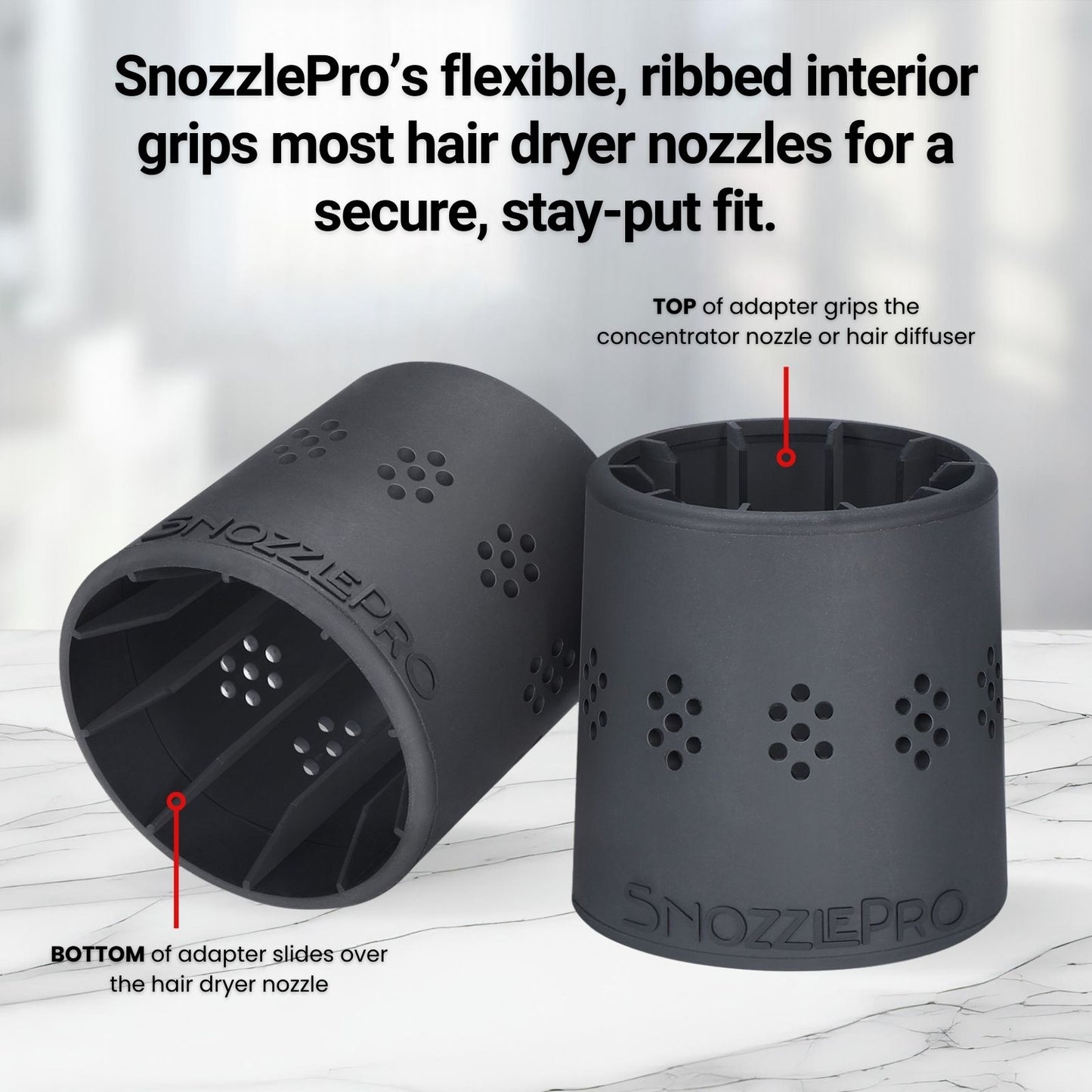Close-up of the SnozzlePro universal hair dryer nozzle adapter showing its flexible, ribbed interior that grips both the dryer nozzle and attachment for a secure, stay-put fit during styling.