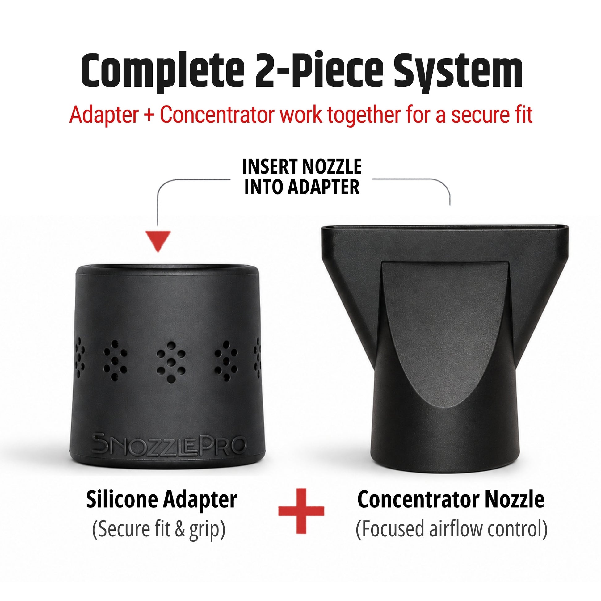 SnozzlePro 2-piece hair dryer adapter and concentrator nozzle set designed for a secure fit and focused airflow.