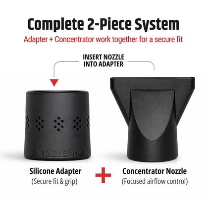 SnozzlePro 2-piece hair dryer adapter and concentrator nozzle set designed for a secure fit and focused airflow.