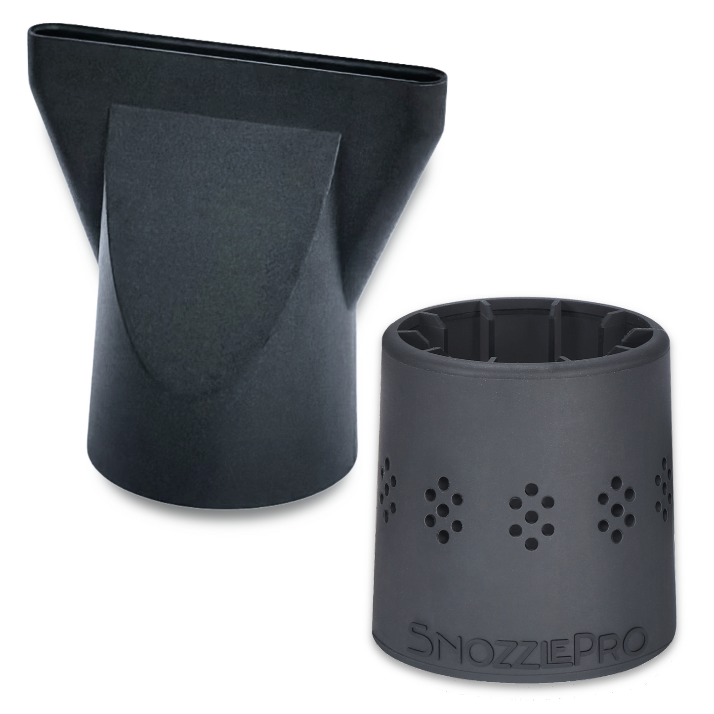 View the SnozzlePro adapter with concentrator nozzle set, designed to provide a secure fit and grip on most hair dryers.