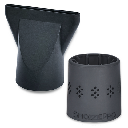 View the SnozzlePro adapter with concentrator nozzle set, designed to provide a secure fit and grip on most hair dryers.