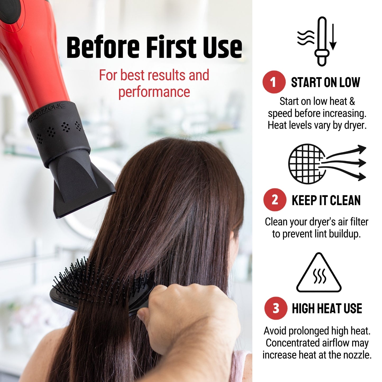SnozzlePro universal hair dryer attachment showing best-use guidance including low heat startup, air filter cleaning, and proper heat settings.