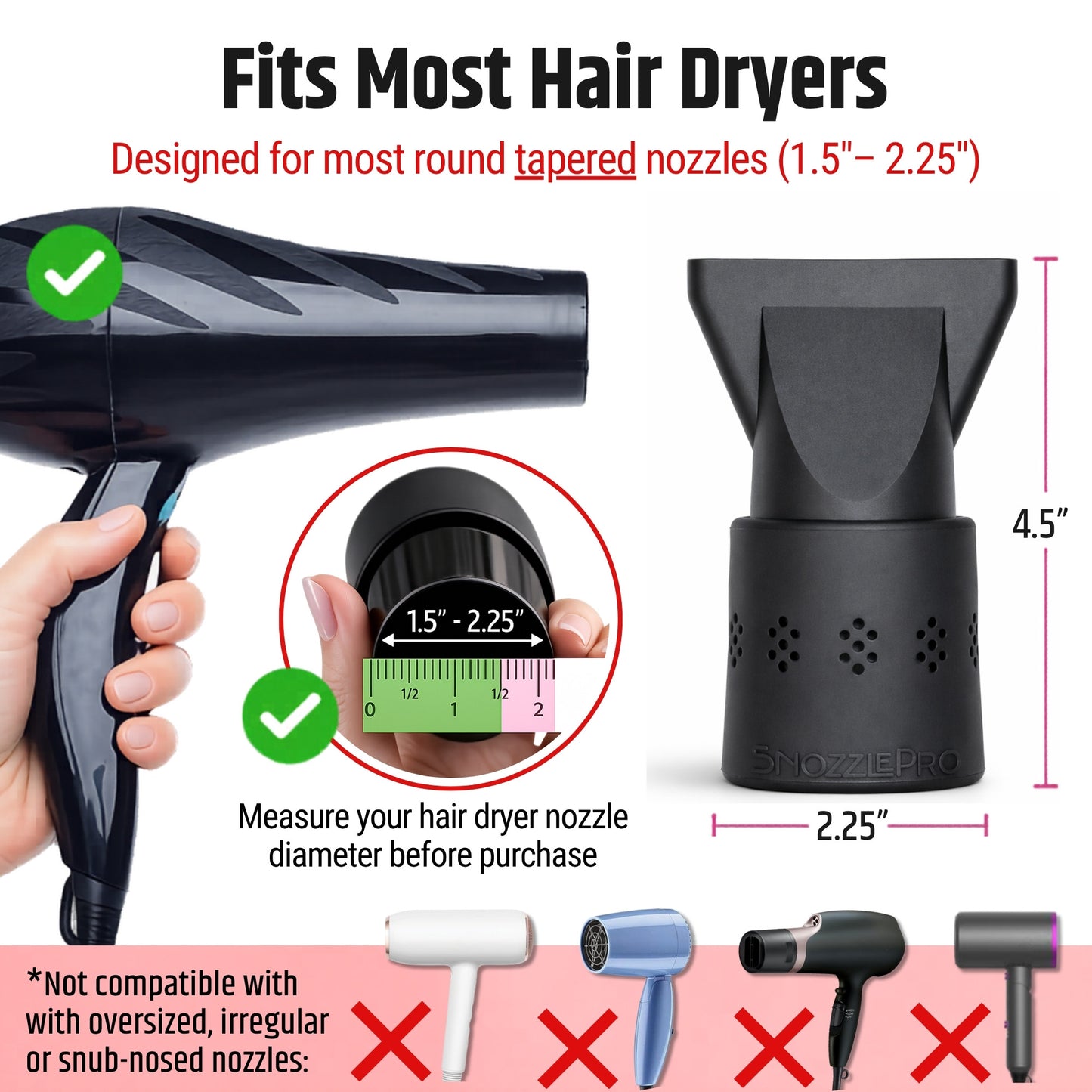 SnozzlePro hair dryer concentrator nozzle set compatibility guide showing supported round tapered nozzle sizes from 1.5 to 2.25 inches.