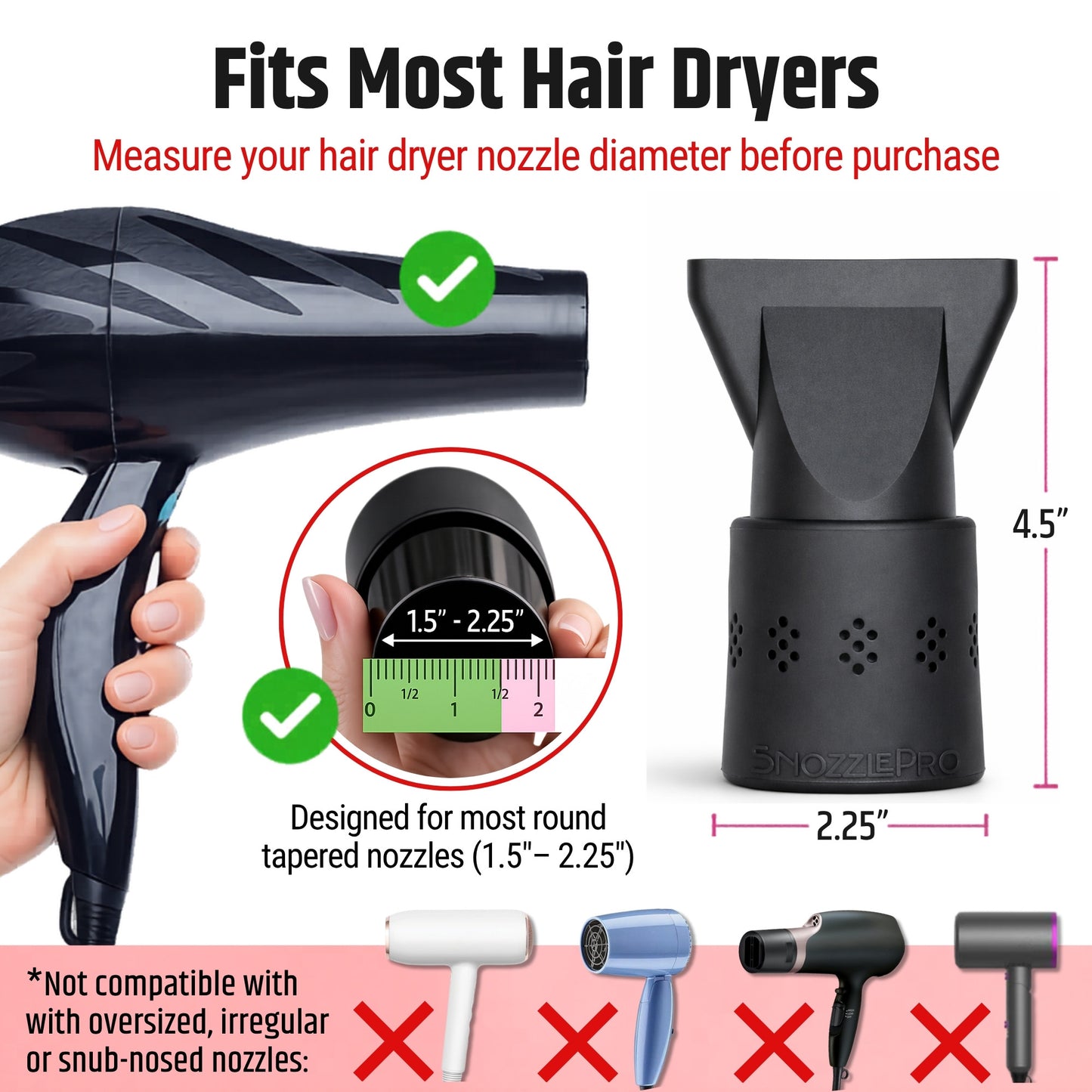 SnozzlePro hair dryer concentrator nozzle set compatibility guide showing supported round tapered nozzle sizes from 1.5 to 2.25 inches.