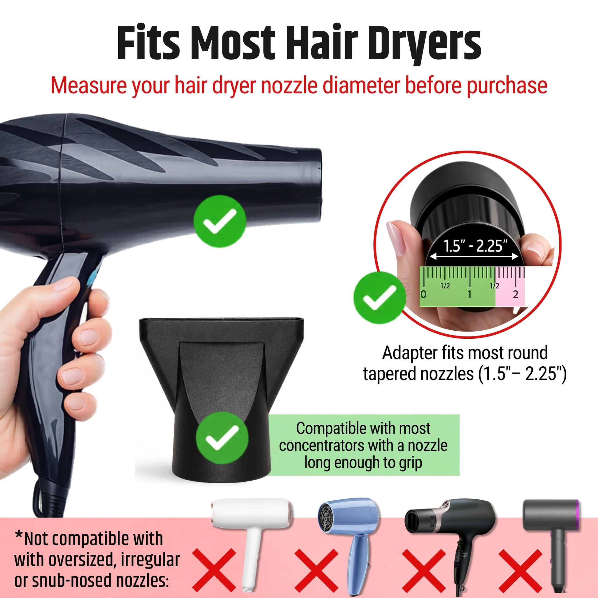 SnozzlePro hair dryer nozzle adapter compatibility guide showing supported dryer nozzle diameters from 1.5 to 2.25 inches.