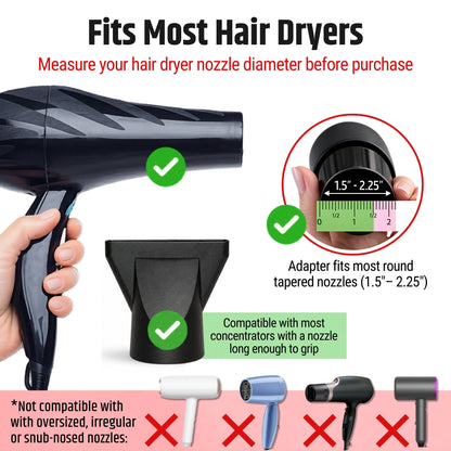 SnozzlePro hair dryer nozzle adapter compatibility guide showing supported dryer nozzle diameters from 1.5 to 2.25 inches.