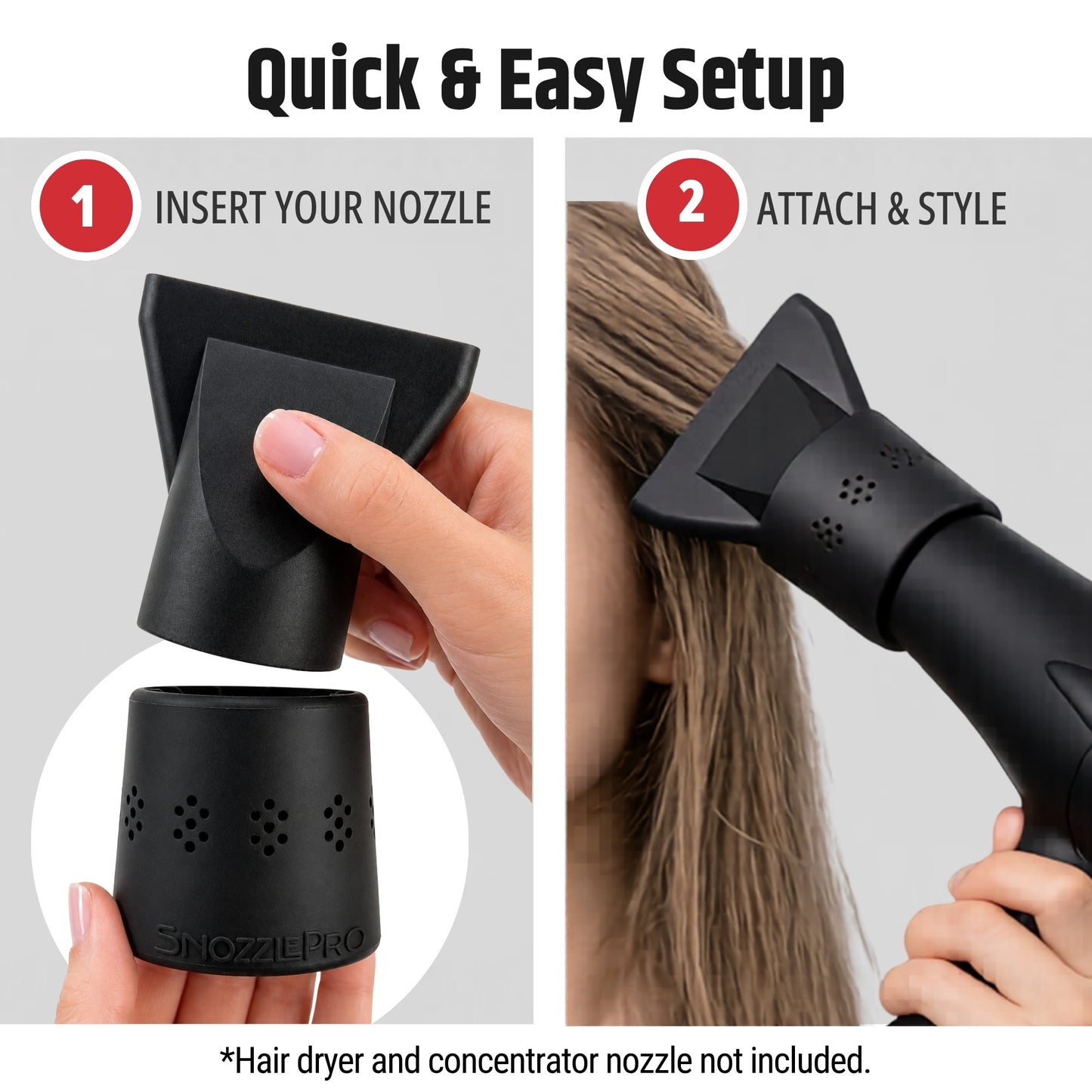 Quick setup showing how to attach the SnozzlePro universal hair dryer attachment and concentrator nozzle.