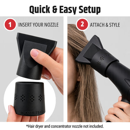 Quick setup showing how to attach the SnozzlePro universal hair dryer attachment and concentrator nozzle.