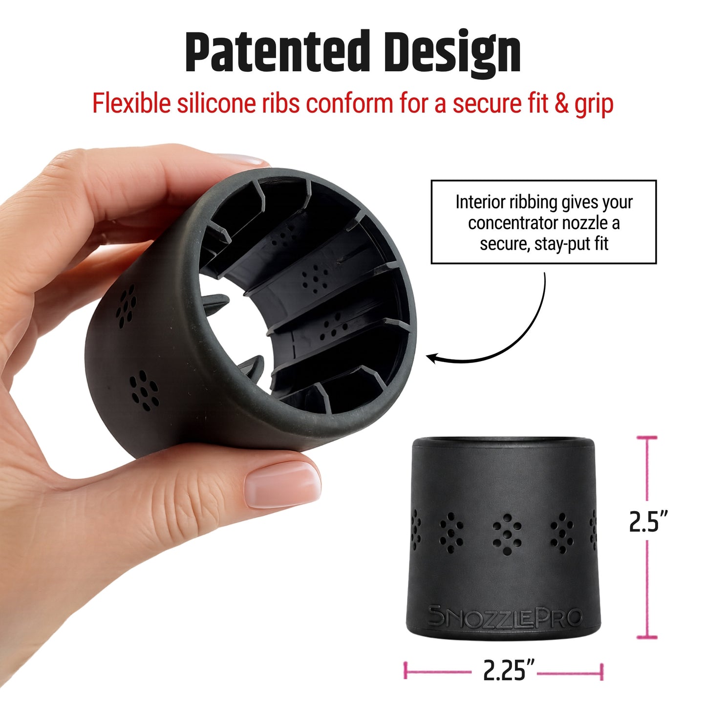 Close-up of SnozzlePro patented silicone hair dryer nozzle adapter with interior ribs for a secure fit and grip.