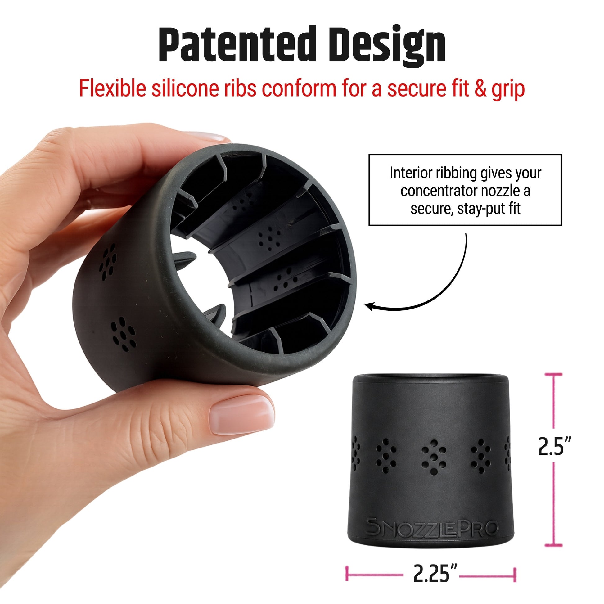 Close-up of SnozzlePro patented silicone hair dryer nozzle adapter with interior ribs for a secure fit and grip.