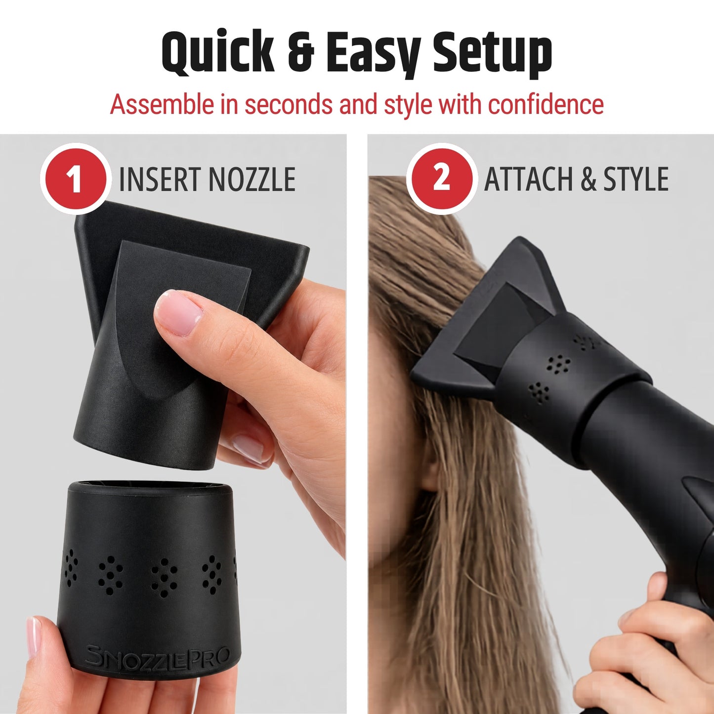 Quick setup showing how to assemble the SnozzlePro hair dryer concentrator nozzle and silicone adapter before styling.