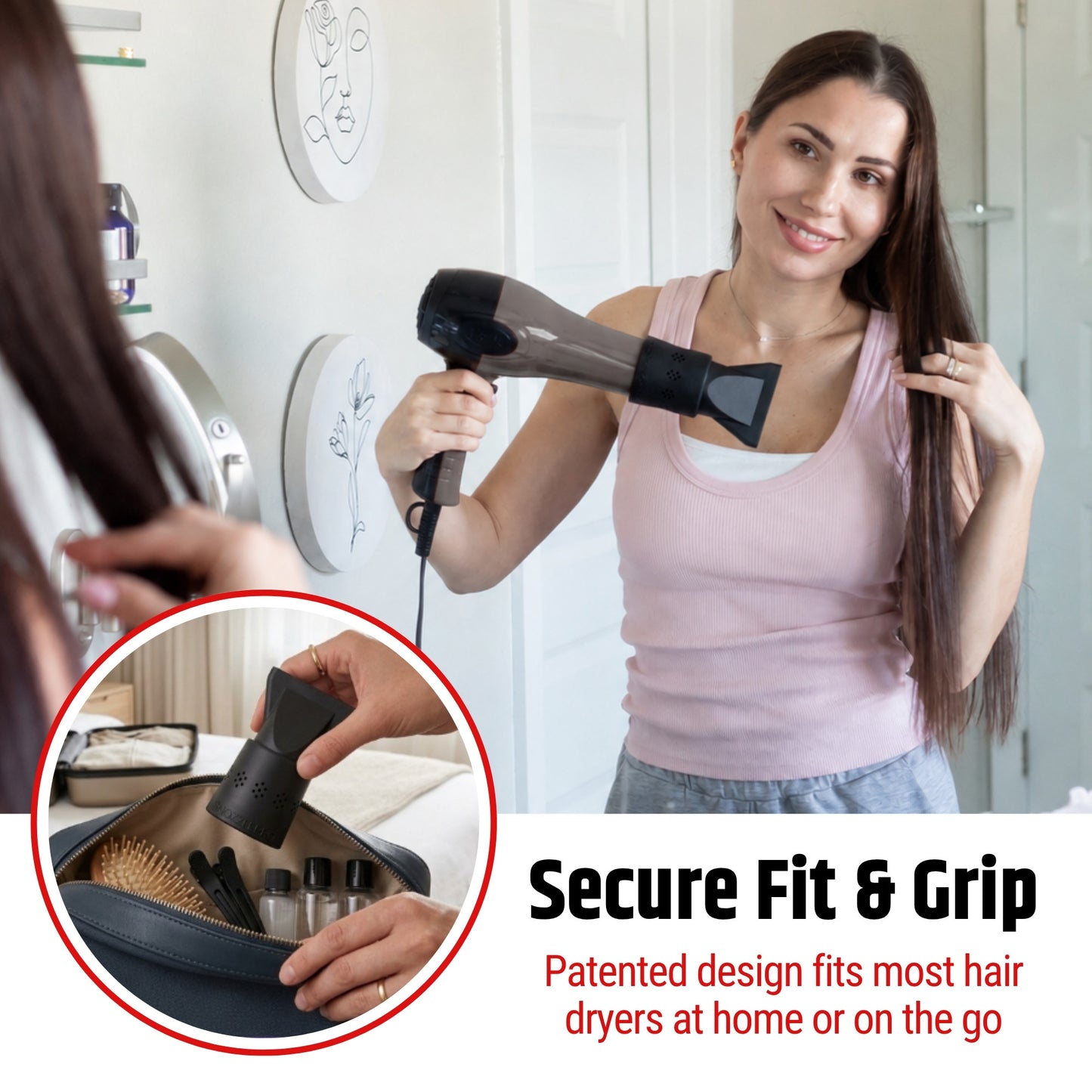 Woman using SnozzlePro hair dryer concentrator nozzle set with secure-fit silicone adapter at home and while traveling.