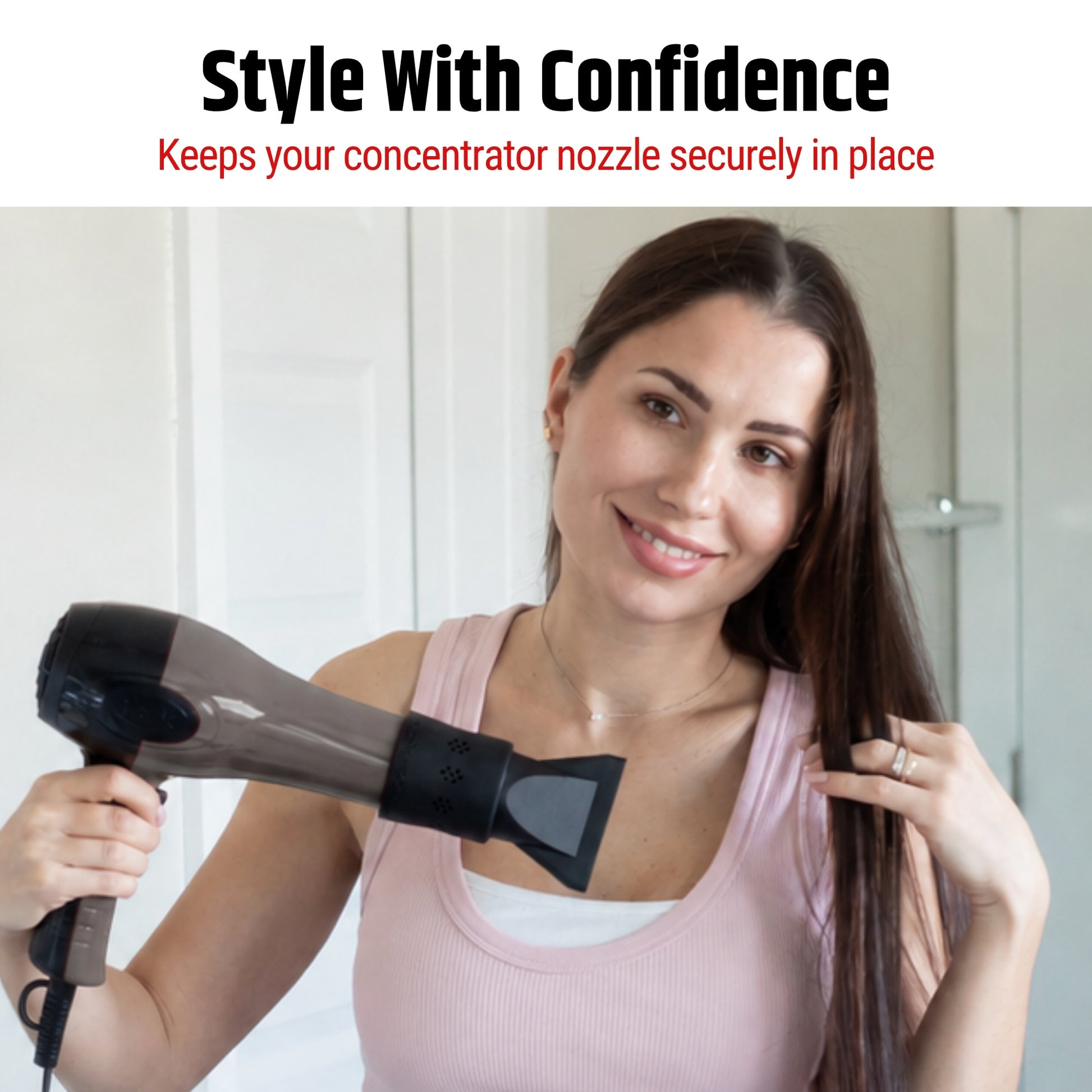 Woman using SnozzlePro universal hair dryer attachment with concentrator nozzle securely attached during hair styling.