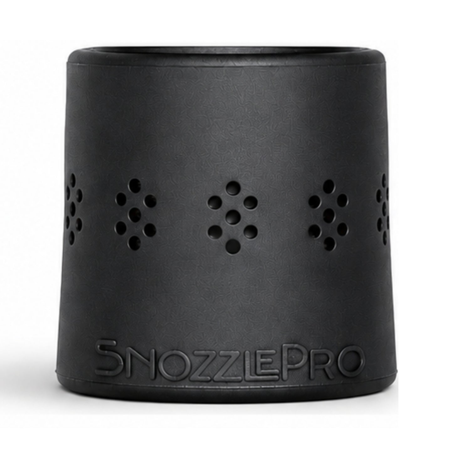 Black SnozzlePro hair dryer nozzle adapter with air vents and logo on a white background