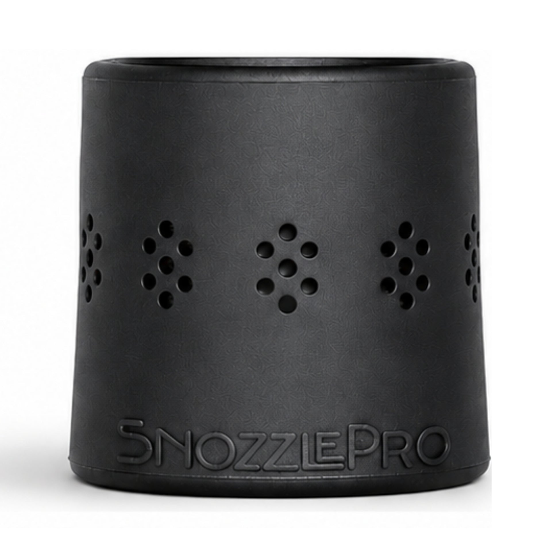 Black SnozzlePro hair dryer nozzle adapter with air vents and logo on a white background