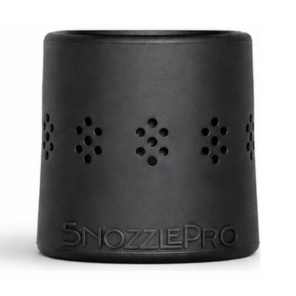 Black SnozzlePro hair dryer nozzle adapter with air vents and logo on a white background