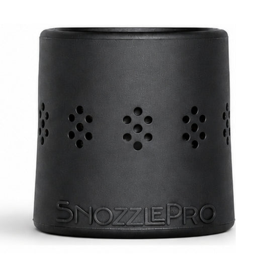 Black SnozzlePro hair dryer nozzle adapter with air vents and logo on a white background