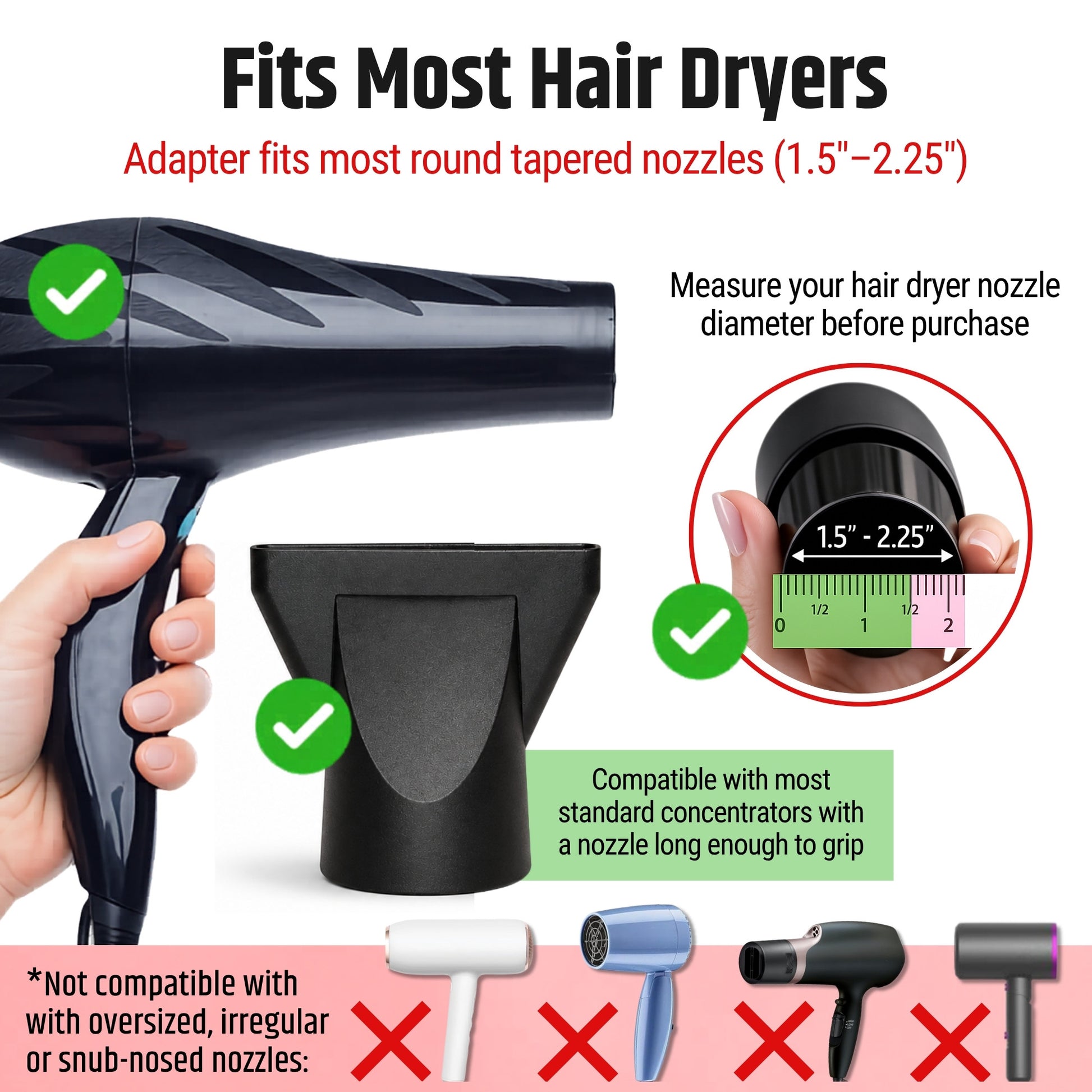 SnozzlePro universal hair dryer adapter compatibility guide showing supported nozzle sizes from 1.5 to 2.25 inches.